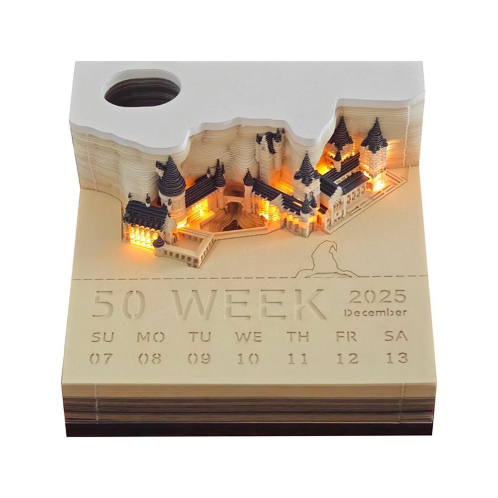 3D Memo Pad, 2024 Desk Calendar Memo Pad, 3D Magic Castle Weekly Calendar Notepad with Light Station