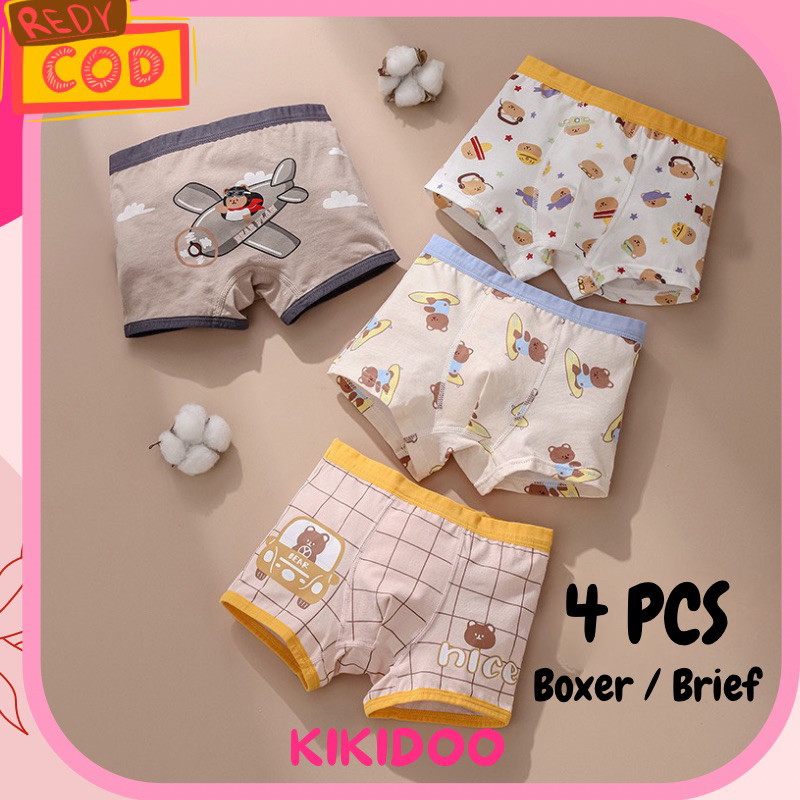ZARISHOP.ID Kikidoo 4 Pcs Celana Dalam Boxer/Brief Anak Katun Premium BEAR BAL40