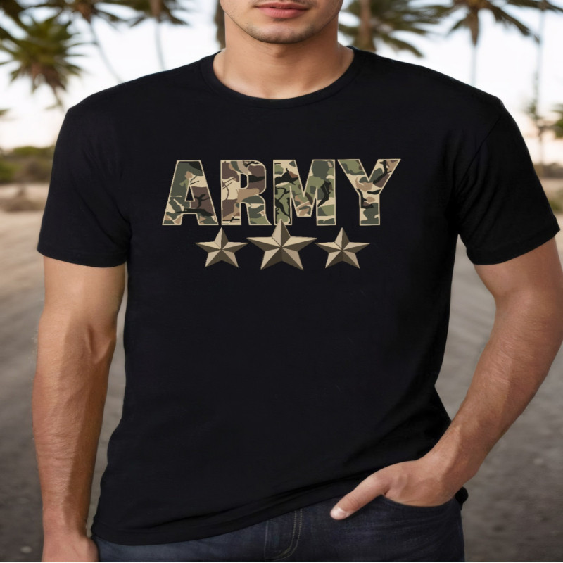 Kaos Pria Army Motif Loreng - Huruf "ARMY" & Tiga Bintang, Bahan Katun Lembut, Kerah Bulat Lengan Pe