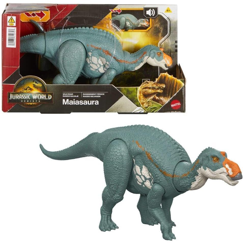 Mattel Jurassic World Rebirth Wild Roar Maiasaura Dinosaur Toy with Tail-Controlled Chomp Multi-Dire
