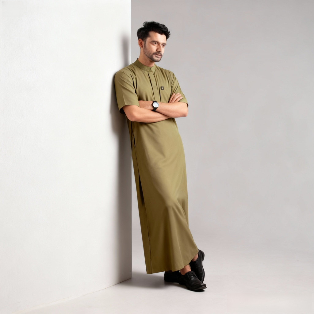 Jubah Pria Muslim Lengan Pendek Mewah  Gamis Thobe Dewasa Pria Arab