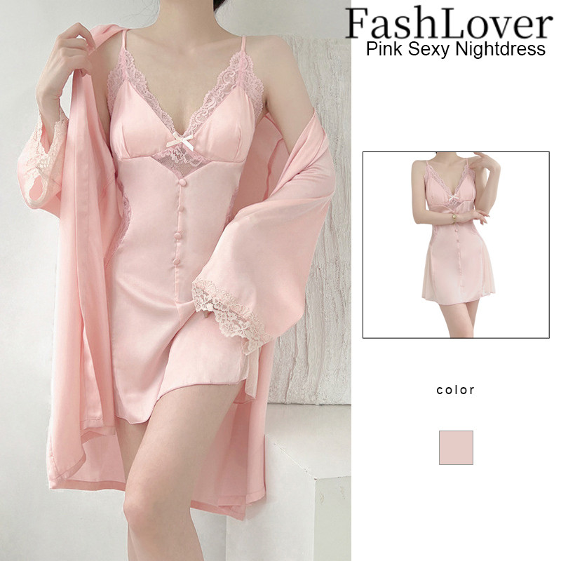 FASHLOVER Gaun Tidur Seksi Warna Pink Gaun Tidur Wanita dengan Hiasan Renda dan Tali Bahu Gaun Tidur