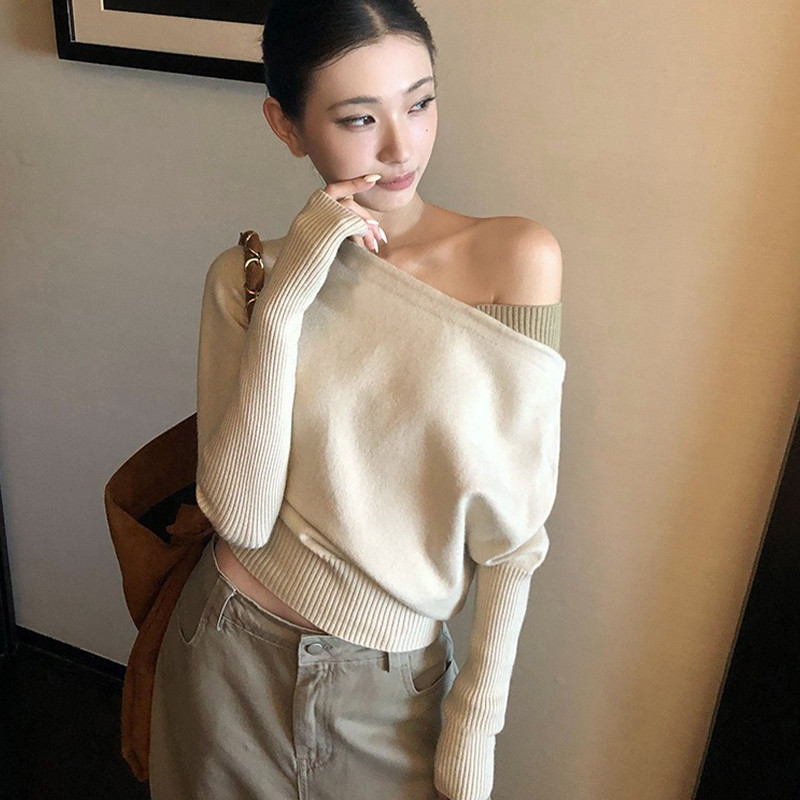 NLONKE - Korean Knitwear Off Shoulder Baju Rajut Wanita Lengan Panjang Sexy Style Switer Rajut Wanit