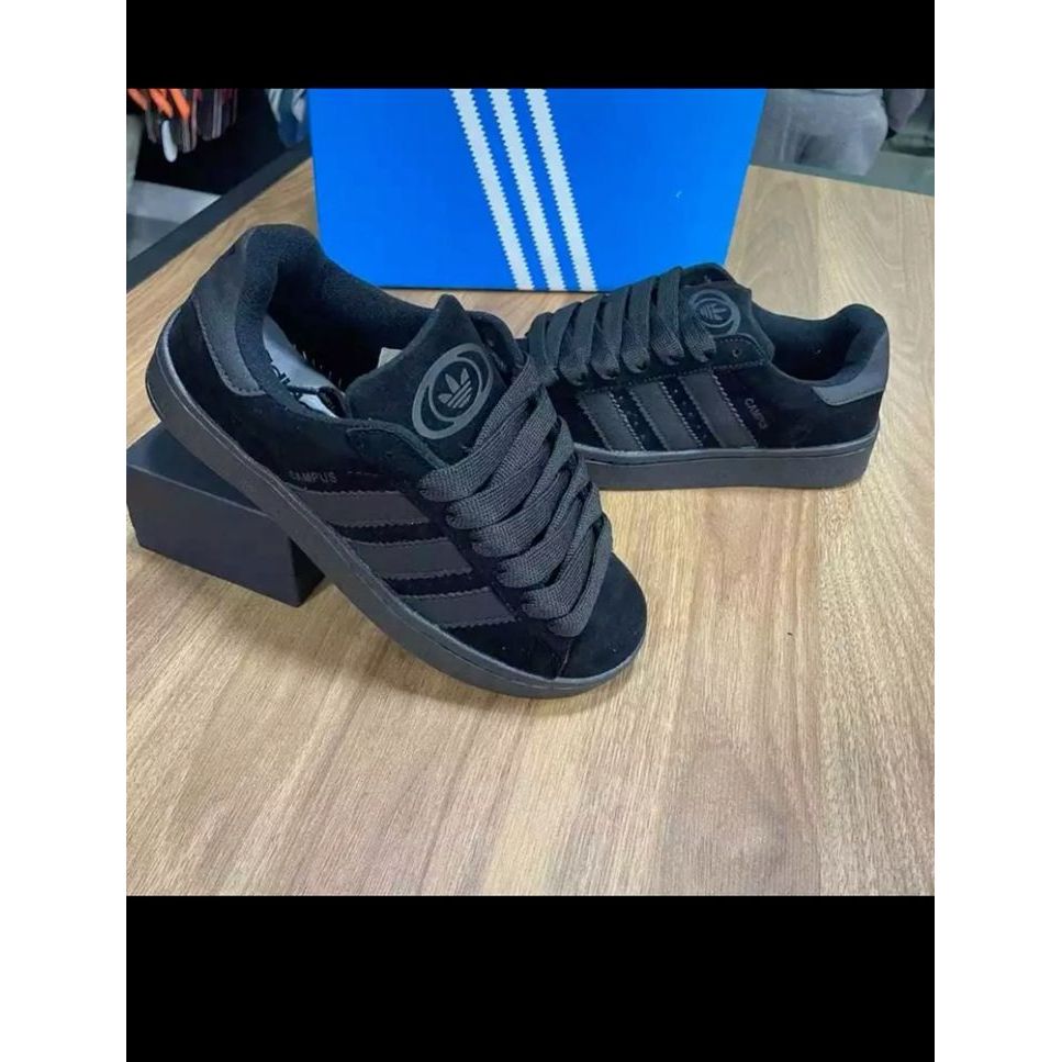 Sepatu Sneakers Campus Premium Tali Gemuk Pria Wanita Hitam Polos Sekolah Full Black Skena Ootd Tran