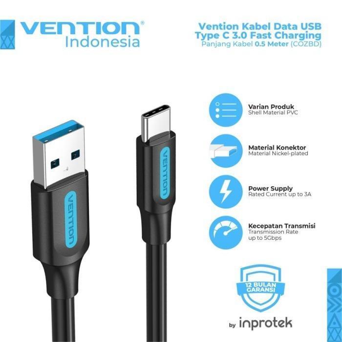 [PROMO]New VENTION KABEL USB A Type C COZ 3.0 Male to Male Black - 1METER