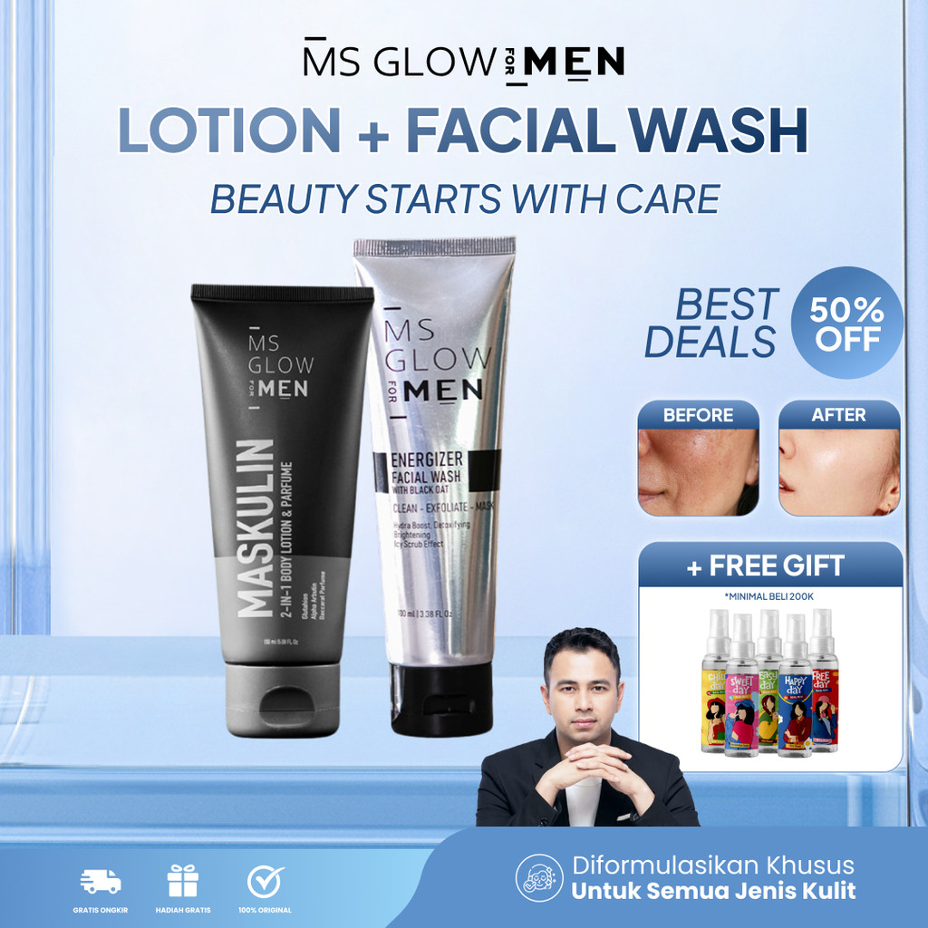 Sabun Cuci Muka Pria + Body Lotion Pencerah Kulit Kusam MS Glow For Men Paket Facial Wash Lotion