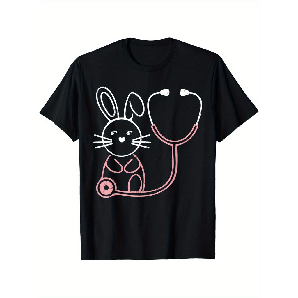 Kaos Pria Kelinci Perawat Stetoskop - Desain Medis Hitam, Katun Bernapas, Cocok untuk Perawat & Dokt