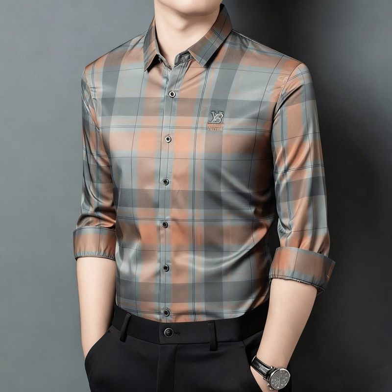 Men's Long-Sleeve Business Plaid Shirt