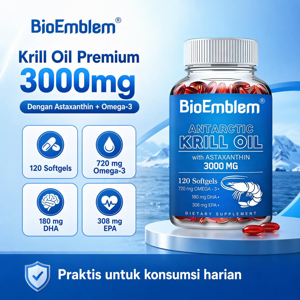 BioEmblem Krill Oil 3000mg 120 Softgels Omega 3 DHA EPA Astaxanthin Suplemen Kesehatan Premium