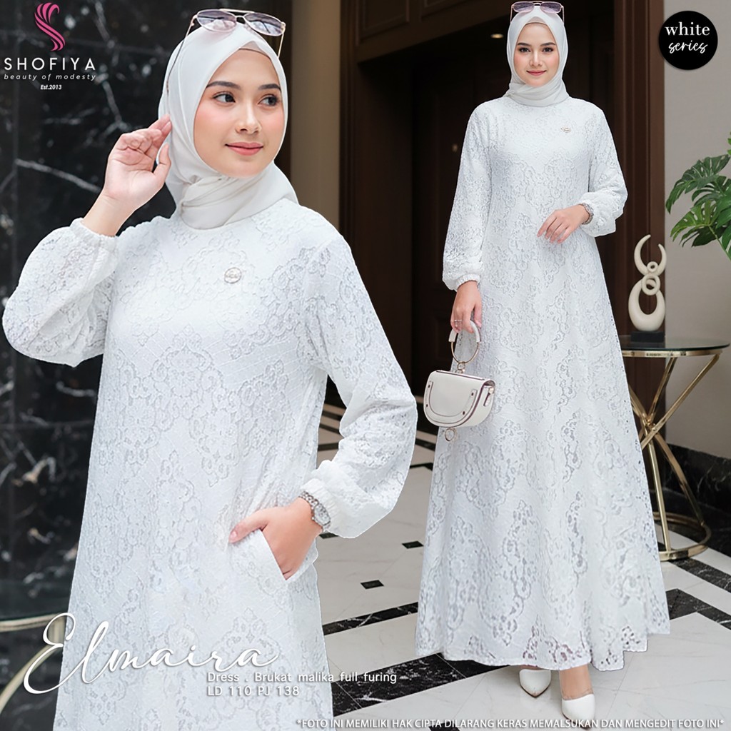 SHOFIYA OFFICIAL STORE ELMAIRA DRESS WANITA MUSLIM TERBARU GAMIS PUTIH SYARI PENGAJIAN KONDANGAN PRE