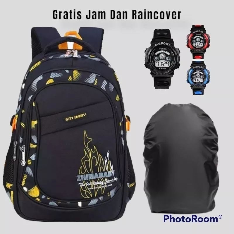 BAGS.ID - Paket 3 In 1 Ransel Zhima Baby Tas Ransel Sekolah Laki Laki SD Gratis Jam + Raincover Terb