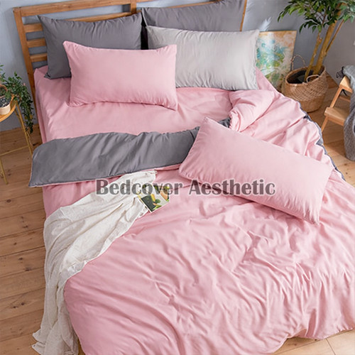 Bedcover Saja motif Mix Pink Abu Tua full dacron 180x220 -Bedcover Aesthetic