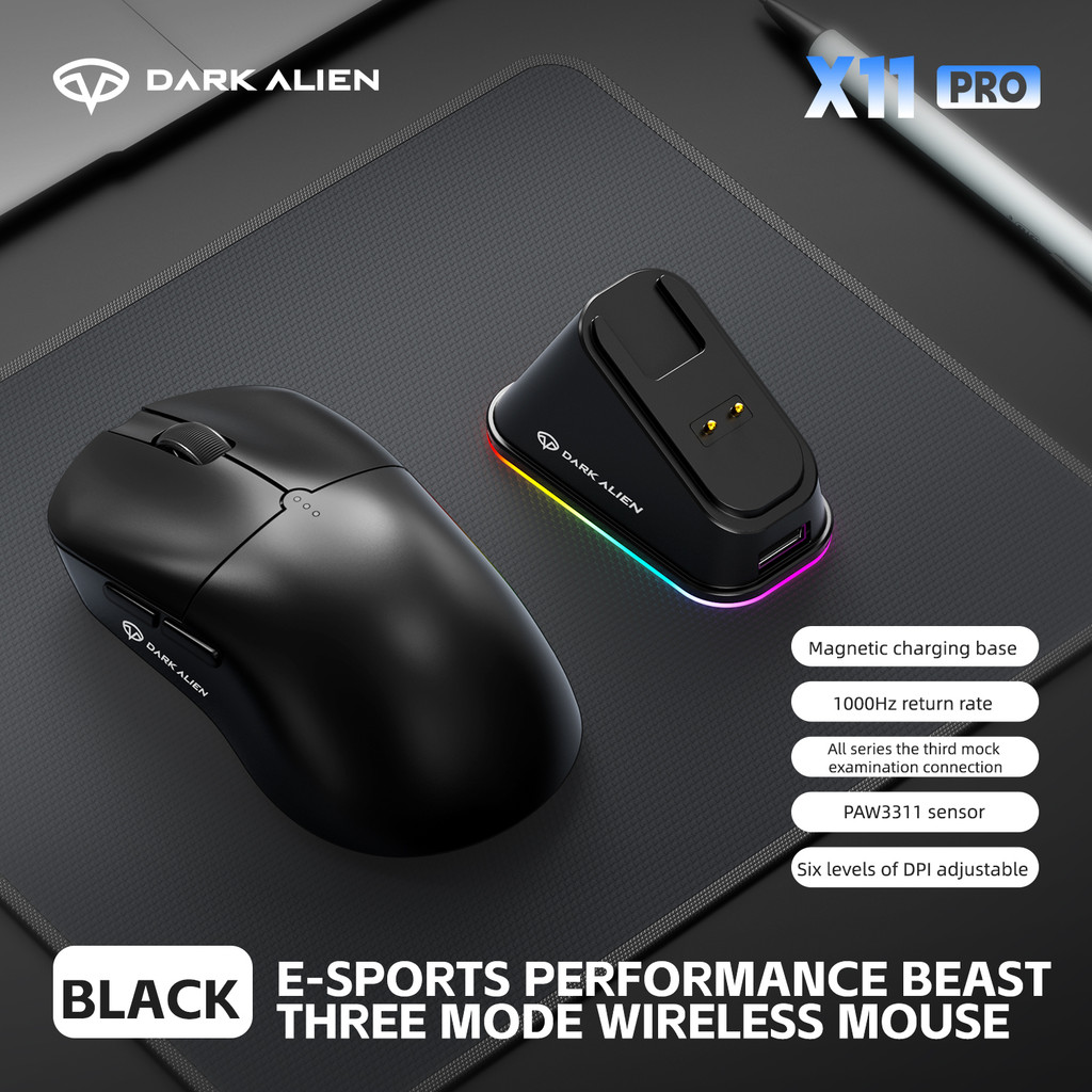 DARK ALIEN X11 Pro Wireless Mouse,Bluetooth/2.4G/wired Tri-Mode Mouse ,PAW3311 RGB Magnetic charging