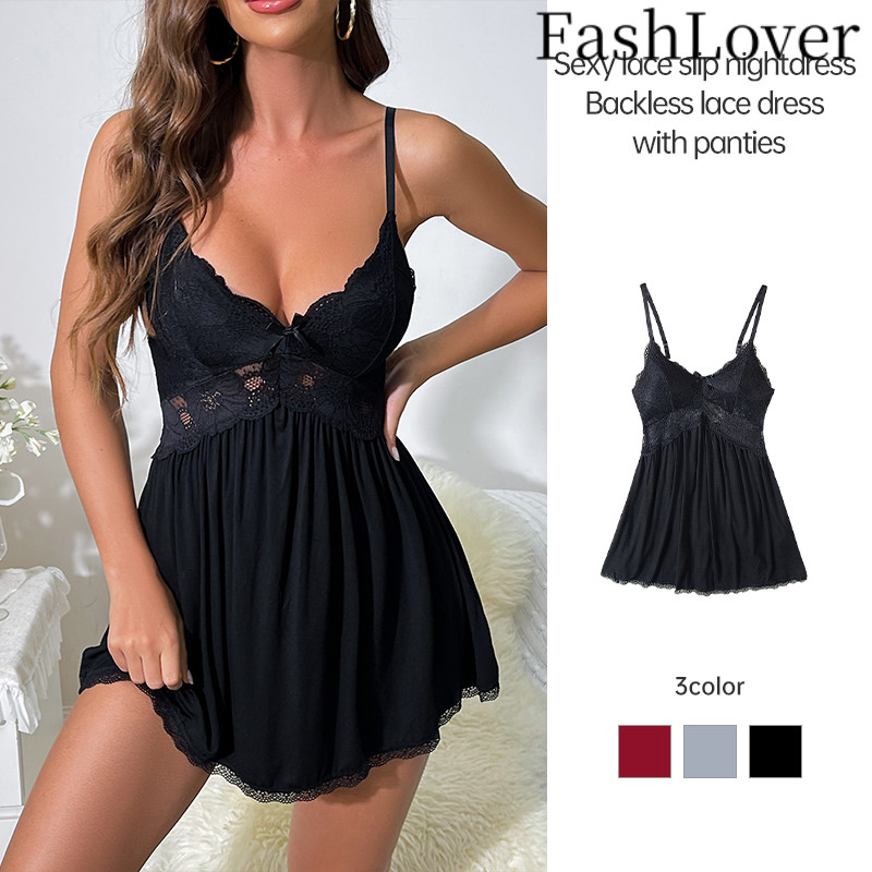 FASHLOVER Gaun Tidur dengan Tali Bahu Renda Set Gaun Tidur Seksi dan Celana Dalam Gaun Tidur Tanpa P