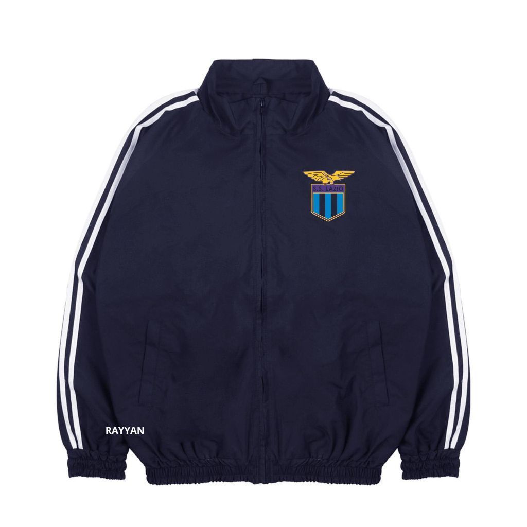 Lazio Jacket Tracktop Unisex Footbal Club Top Eropa / Dunia Warna Navy Blue Motif List Tangan Putih 
