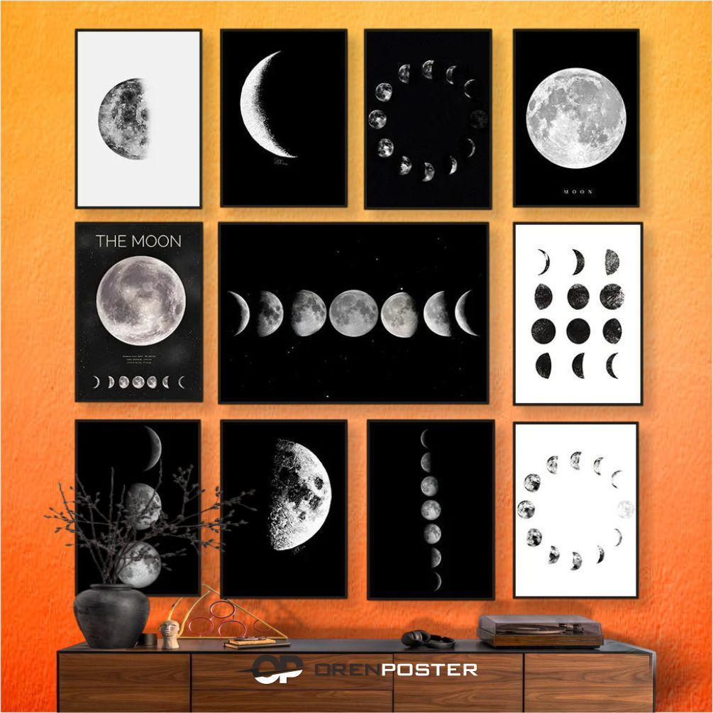 Hiasan Dinding Poster Kayu 20X30 A4 MDF Tebal 6mm Black White Art Moon Phase s Aesthetic Bar Cafe  D