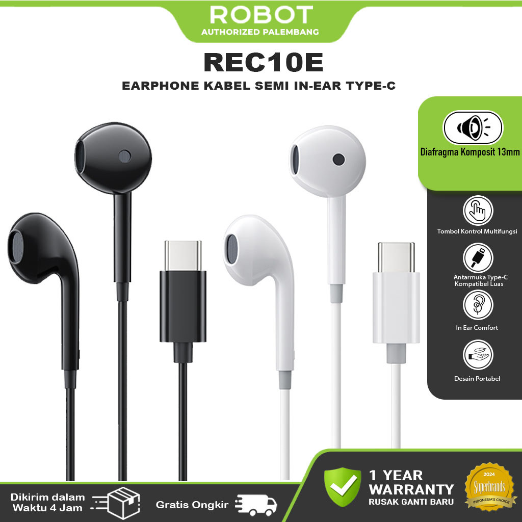 ROBOT Headset Wired Earphone REC10E Kabel Type C dengan Kontrol Kabel Multifungsi SUPER BASS Origina