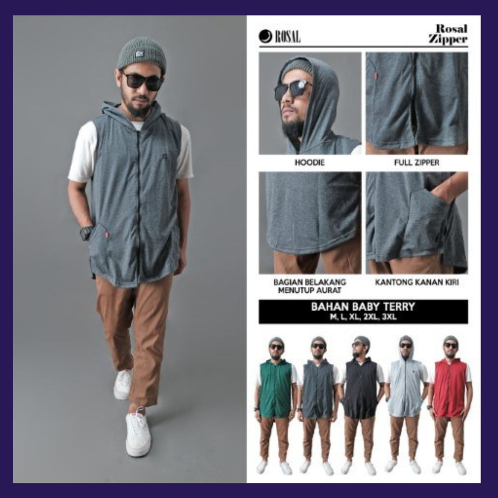 Rompi Sholat Muslim Pria Resleting Depan | ROSAL ZIPPER Ukuran M–3XL | Bahan Baby Terry Tebal Nyaman
