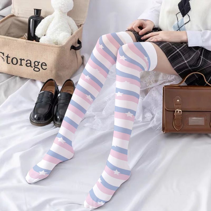 [Si Yun Ge] Stoking tipis untuk wanita kaus kaki beludru putih panjang di atas lutut anime lucu