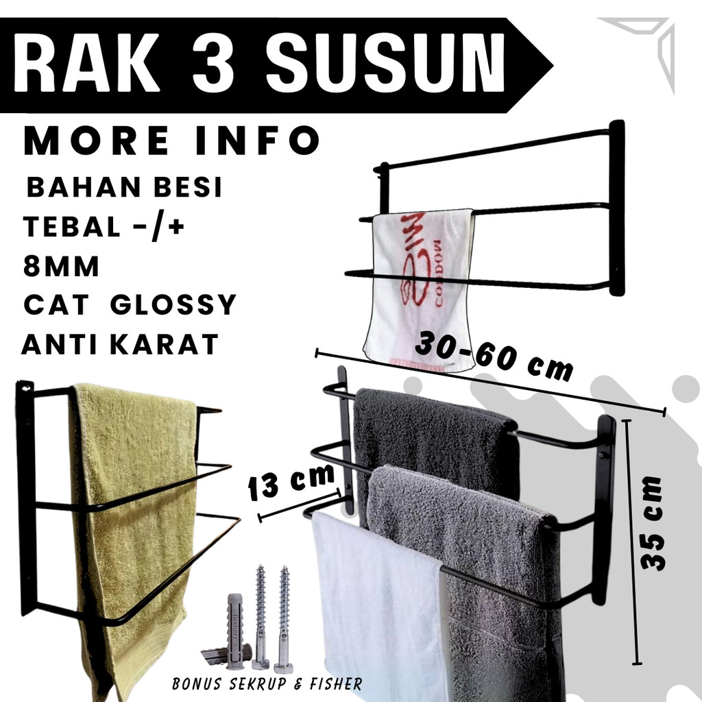 Gantungan handuk 3 susun / Rak handuk kamar mandi 3 susun / gantungan handuk tempel dinding
