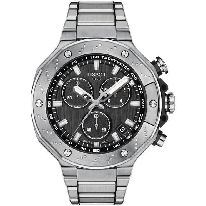 Tissot T-Race 45mm Chronograph Black Dial Stainless Steel Strap Jam Tangan Pria Original T141.417.11