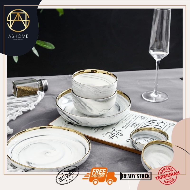 RoyalHuis Piring Keramik Set Lengkap Warna Abu Marble isi 10 Pcs / Piring Keramik Makan Marble Set L