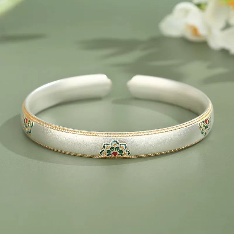 Gelang Bunga Ruyi Wanita - Enamel Cina Baru Berlapis Terbuka 925 Hadiah Perak