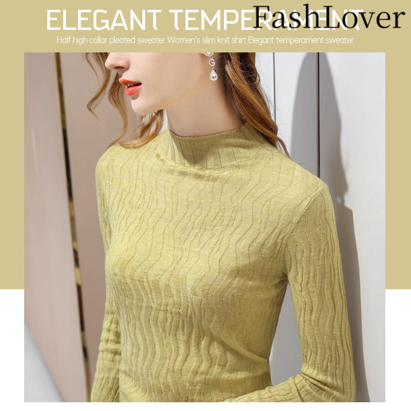 FASHLOVER Sweater Elegan dan Elegan Kemeja Rajut Wanita Pas Badan Sweater Lipit Leher Setengah Tingg