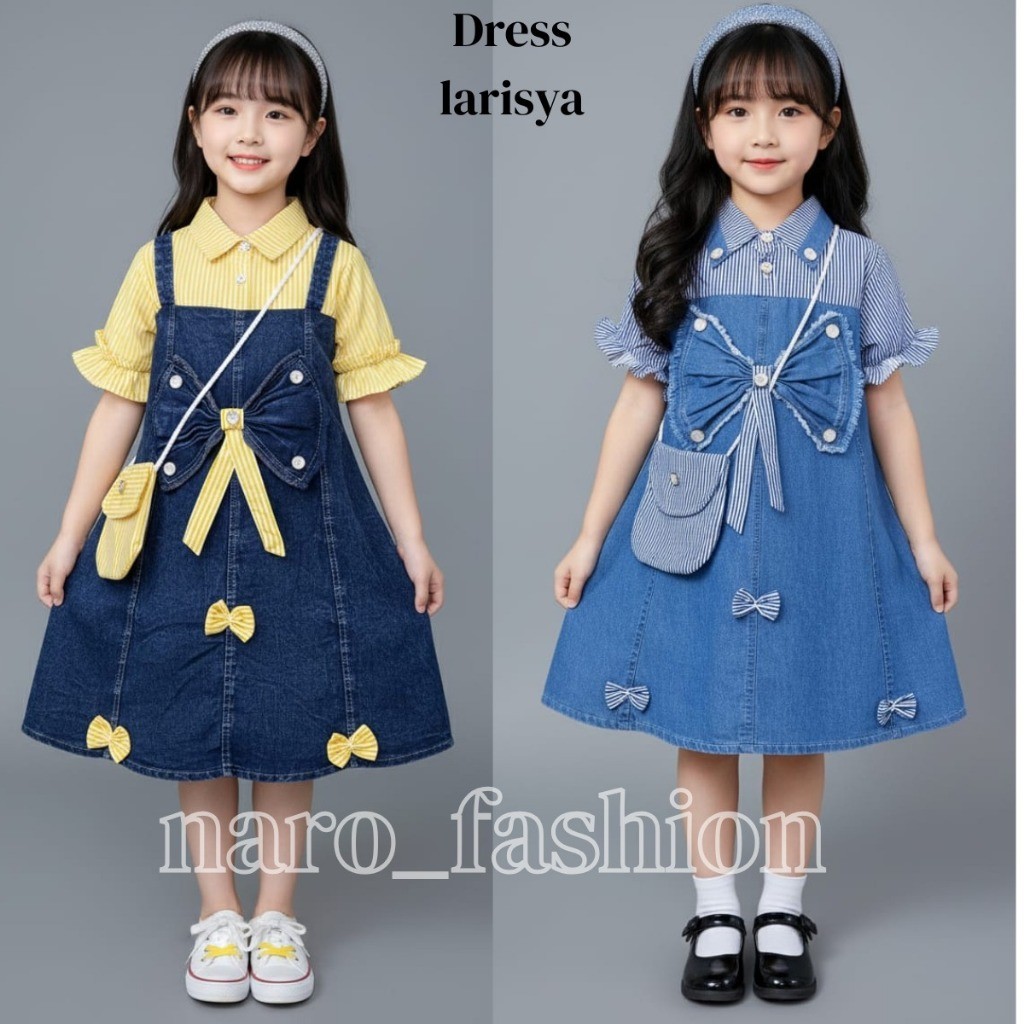 anaku..id Gaun Denim Anak Aurel Mix Katun Salur Kualitas Import Free Belt
