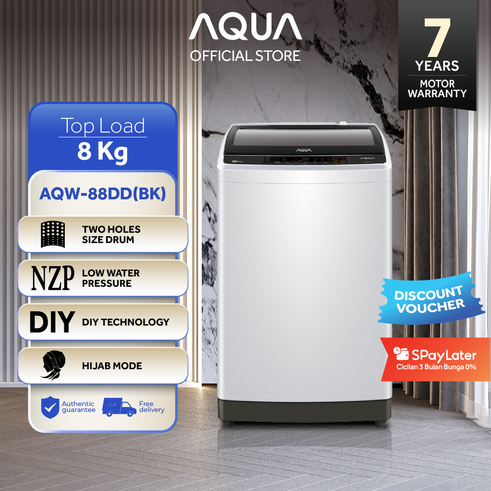 AQUA Elektronik AQW-88DD(BK) Mesin Cuci Top Load Automatic Dynamic Soak Function - 8 Kg