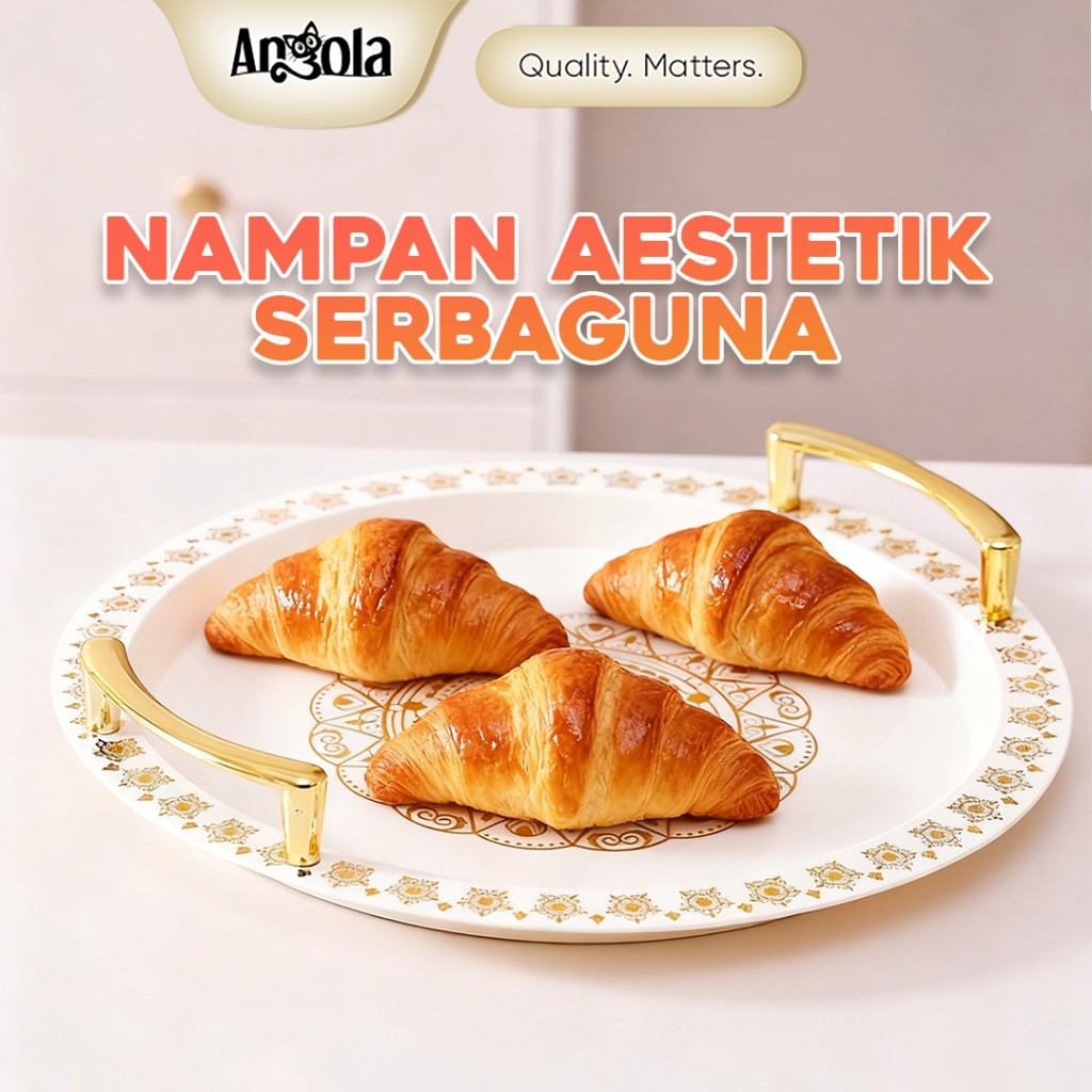 ANGOLA Set Nampan Saji Makanan Buah Lauk Camilan C25 dengan Tutup Nampan Mewah Handle Gold