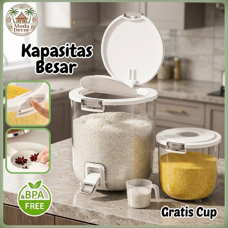 wadah beras rice box penyimpanan makanan transparan anti lembab anti debu dispenser gelas takar