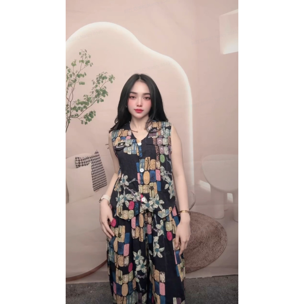 FADFAD|Setelan|Dua|Potong|Wanita|Atasan|Rompi|Tanpa|Lengan|Kancing|Celana|Panjang|Lebar|One|Set|Kulo