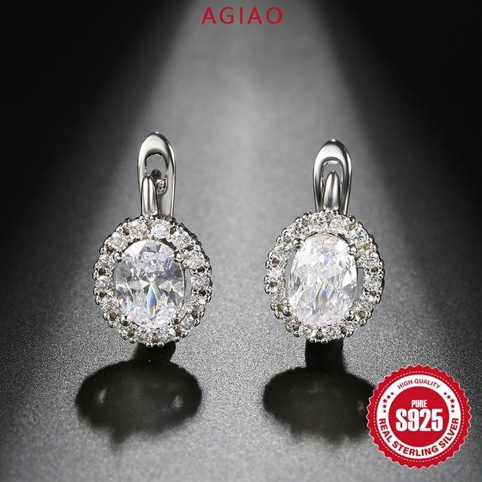 AGIAO Anting Hoop Wanita Lapisan Emas Zircon Oval 5A Mewah Ringan - Platinum, 6*8mm
