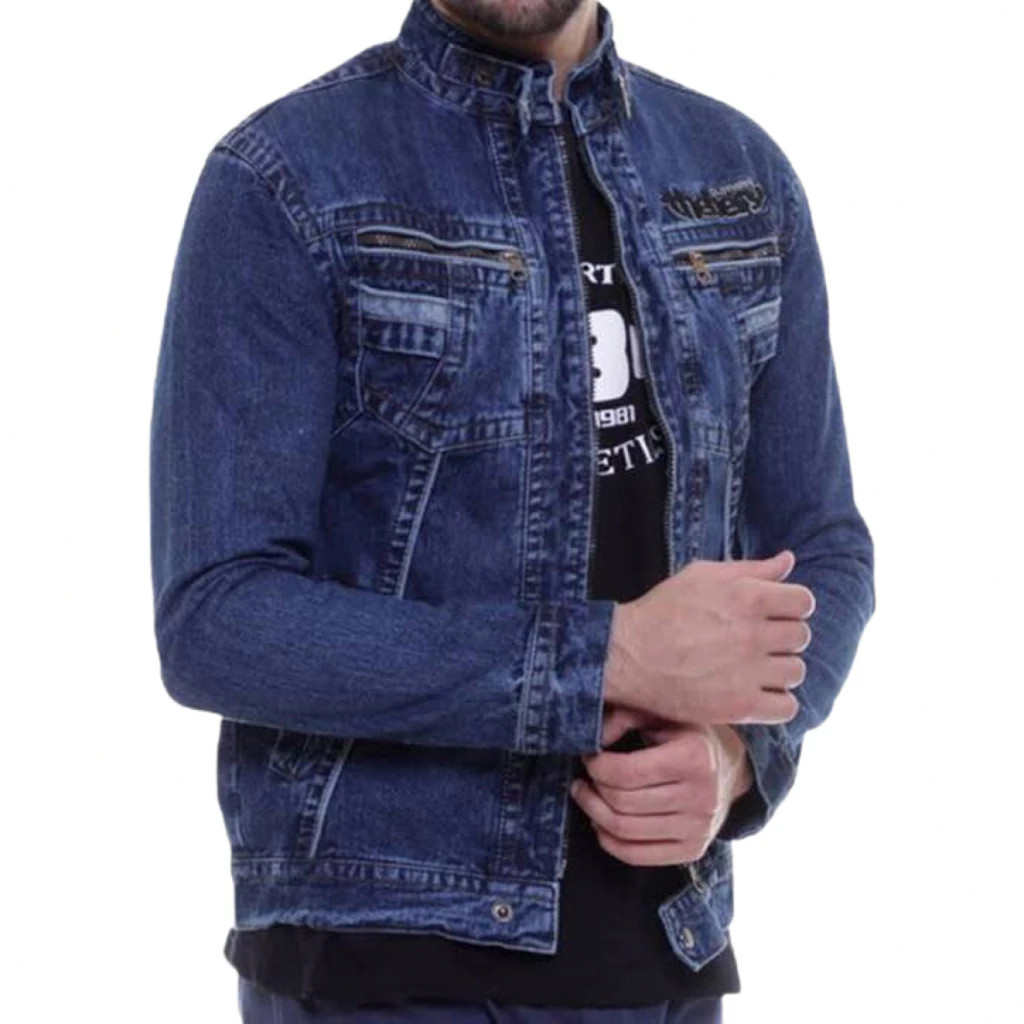 jaket Jeans Resleting Pria Zipper Biowash Jumbo M L XL XXL XXXL