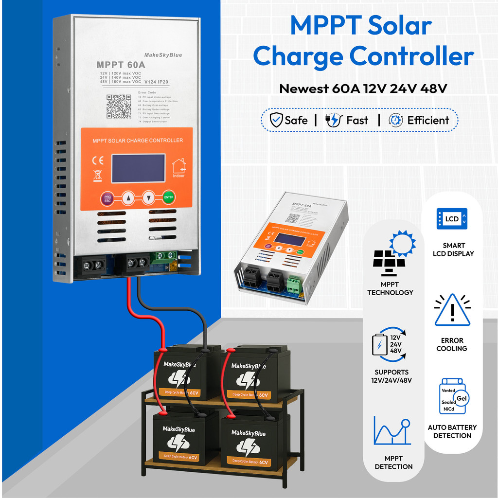 MakeSkyBlue Upgraded 60A 12V 24V 48V MPPT Solar Charge Controller V124 for Leadacid battery  or Lith