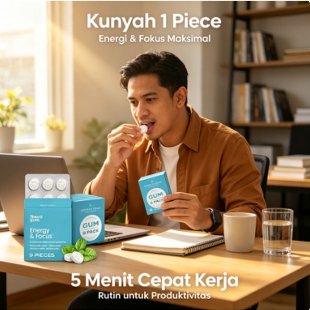 Fokus Energi Saraf Mengunyah Permen Karet Mint Kafein T-Theanine B12 9 Tablet LY41423