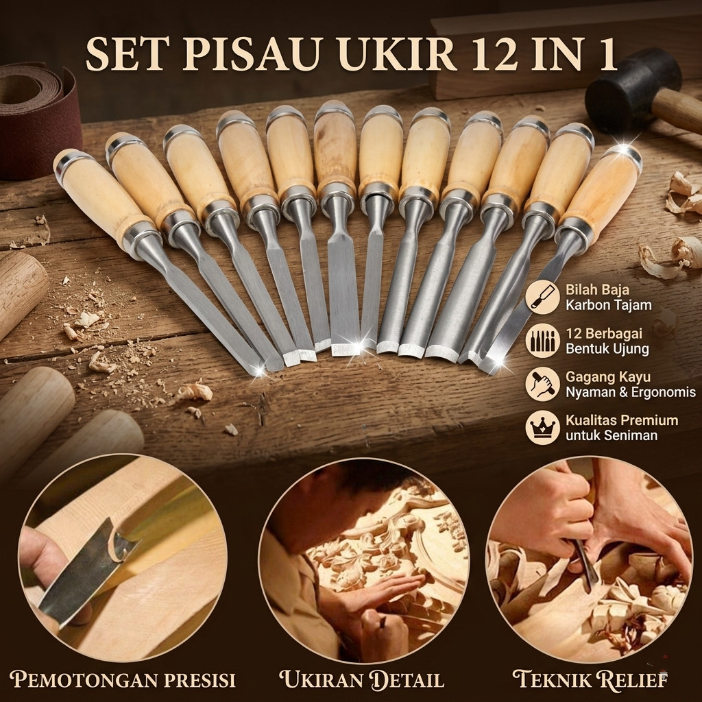 Pahat Kayu Set 12 Pcs Pisau Ukir Stainless Steel Handle Kayu Ergonomis