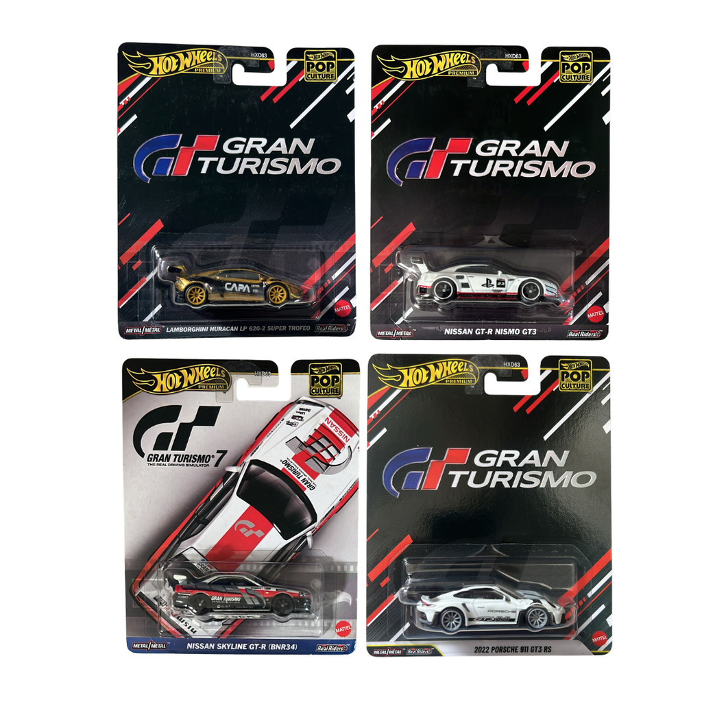 HOT WHEELS PREMIUM POP CULTURE GRAN TURISMO WHITE NISSAN SKYLINE GT-R R34, R35, LAMBORGHINI HURACAN 