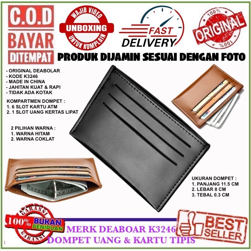 Bifold Wallet Deabolar K3246 Dompet Tipis Anti Ribet Muat Cash Lipat Bahan PU Lembut Kilat Lilin Uni