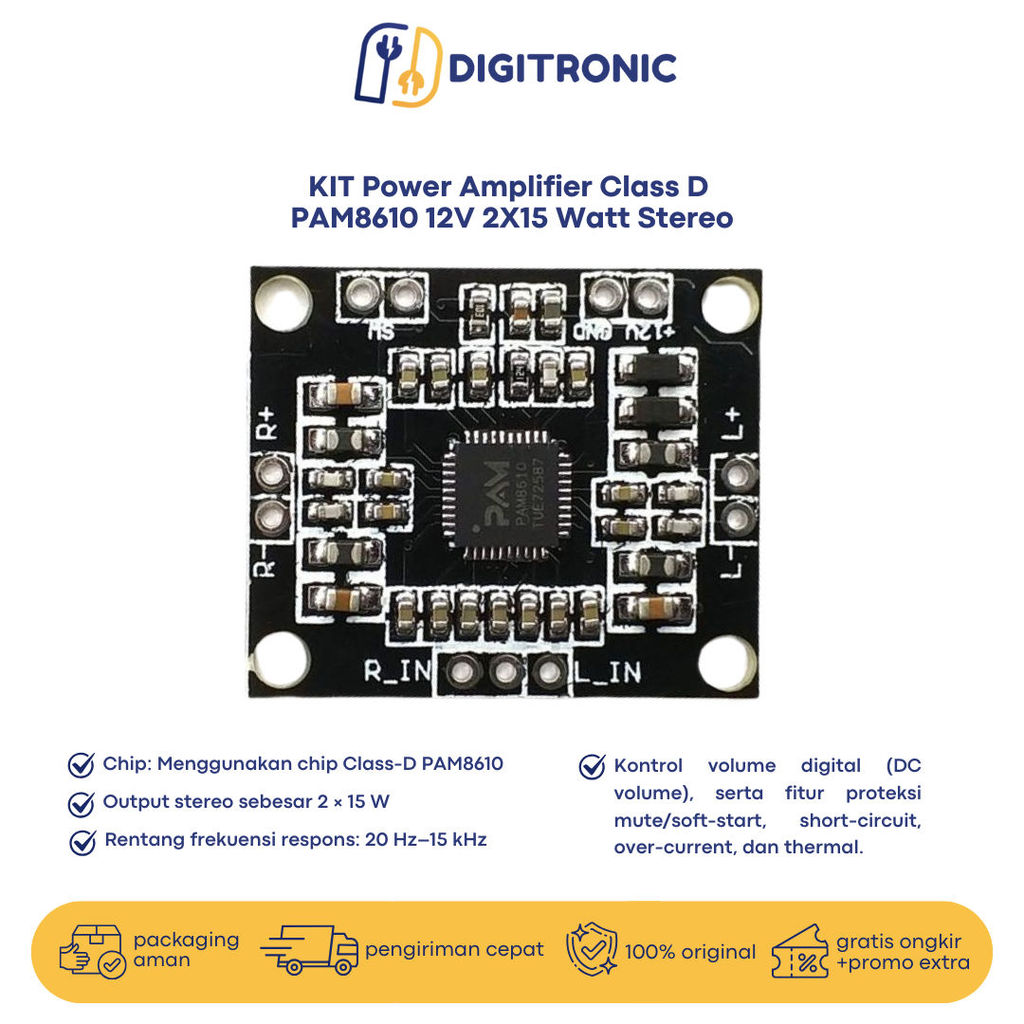 KIT Power Amplifier Class D  PAM8610 12V 2X15 Watt Stereo