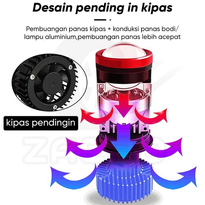 ZACRO Y7D Lampu LED Mobil Dan Motor H4 Mini PROJECTOR PROJIE SUPER BRIGHT 50 Watt Dilengkapi Kipas /