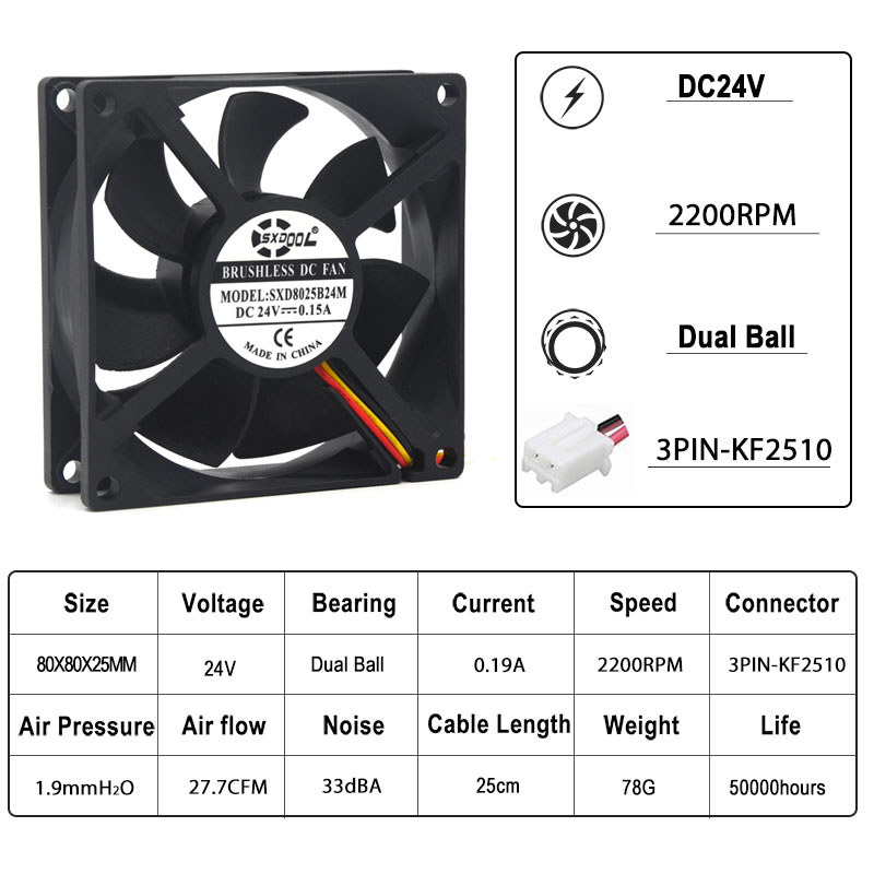 2pcs 24V fan 8cm 80mm 80x80x25 mm 2Pin3Pin 8025 Raator dual ball dc 24V 0.15A 2200RPM server inverte