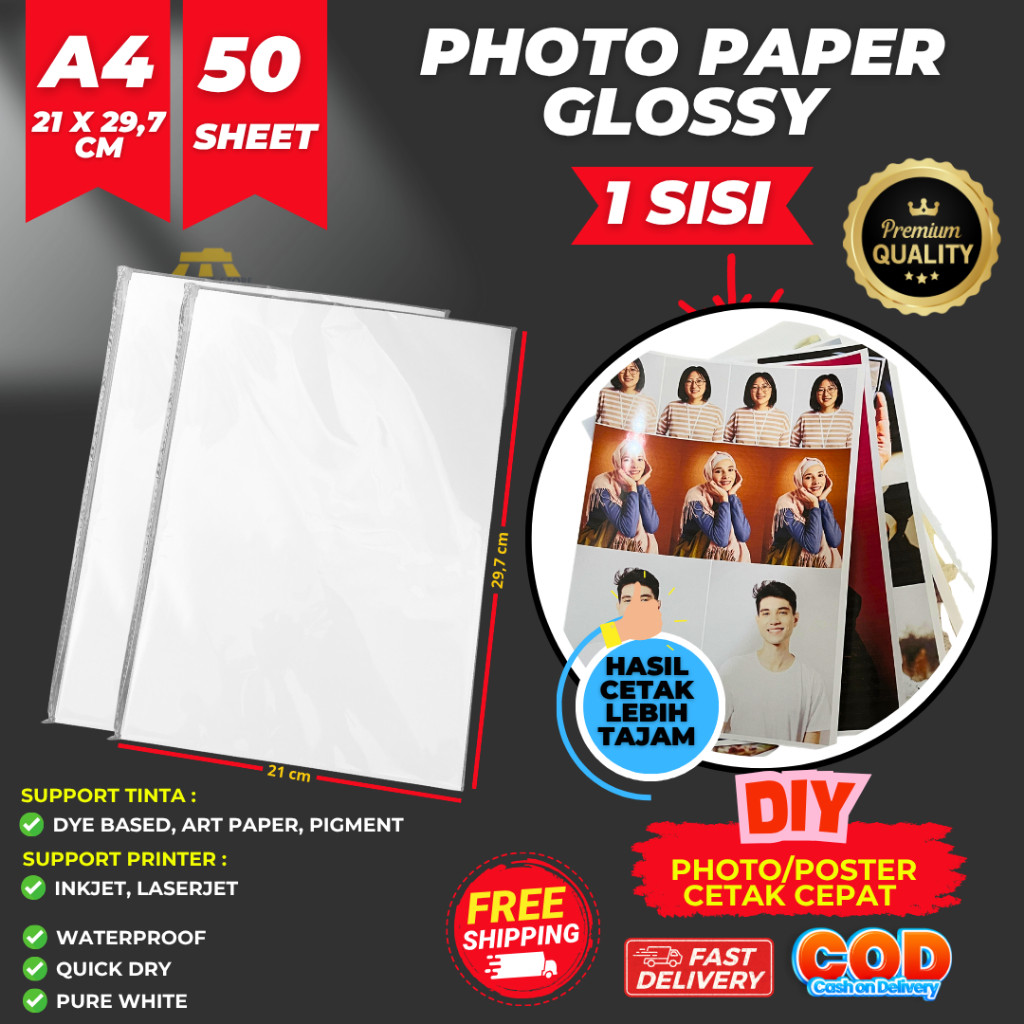 Well Photo KERTAS FOTO GLOSSY A4 ISI 50 LEMBAR 1 SISI ANTI AIR / PHOTO PAPER GLOSSY INKJET WATERPROO