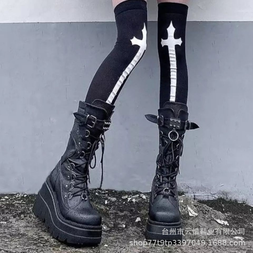 Thick-soled Motorcycle Boots Dark Gothic Punk Mid-calf Boots for Women Matte Punk Women's Shoes