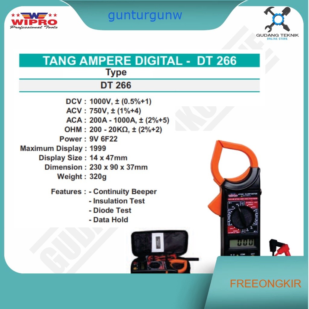 TANG AMPERE DIGITAL WIPRO DT-266 / Alat Ukur Arus Listrik Digital Clamp 200-1000 A WIPRO DT 266 - Ta