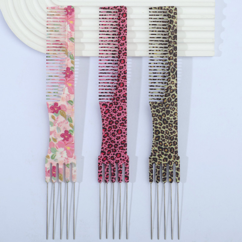 Steel Pin Highlight Comb 5-Pin Hair Dye Comb Hairstylist Tail Comb - Floral & Leopard Prints