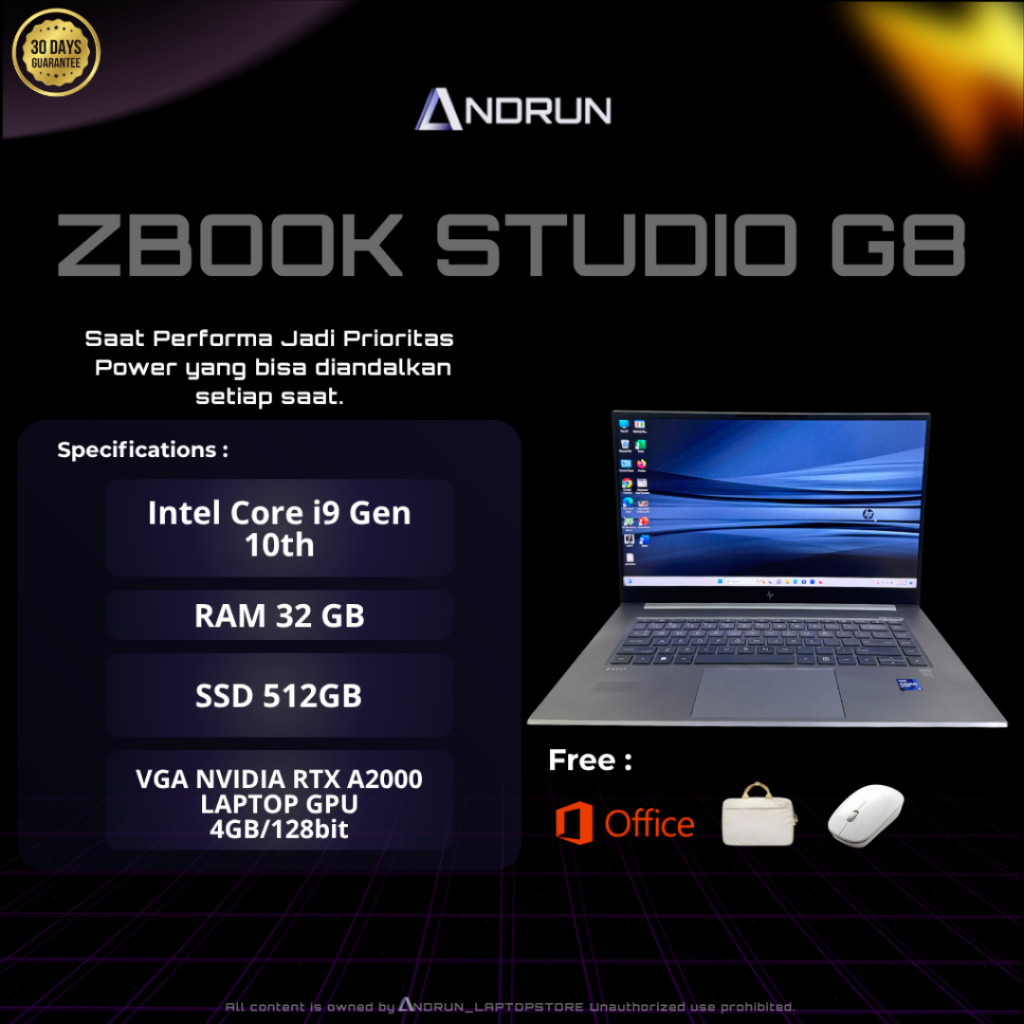 LAPTOP SEKEN HP ZBOOK STUDIO G8 CORE i9 Gen 11th || RAM 32GB SSD 512GB || VGA 4GB NVIDIA RTX A2000 L
