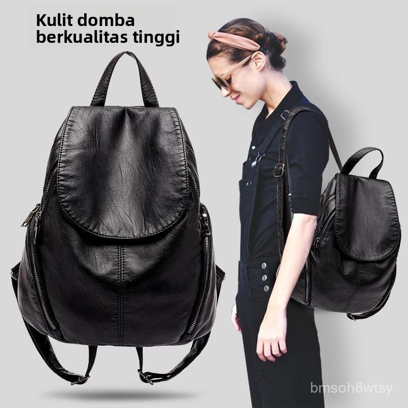 Tas Punggung Kulit Wanita Gaya Korea, Tas Ransel Perjalanan Kapasitas Besar Santai Kulit Lembut