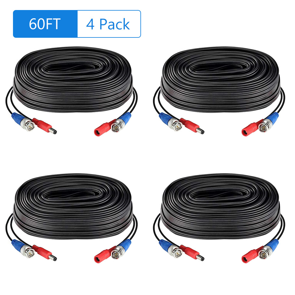 Black/White 60ft /18.3m 2-in-1 Video Power CCTV Cable BNC Extend Cord for Home Security Surveillance